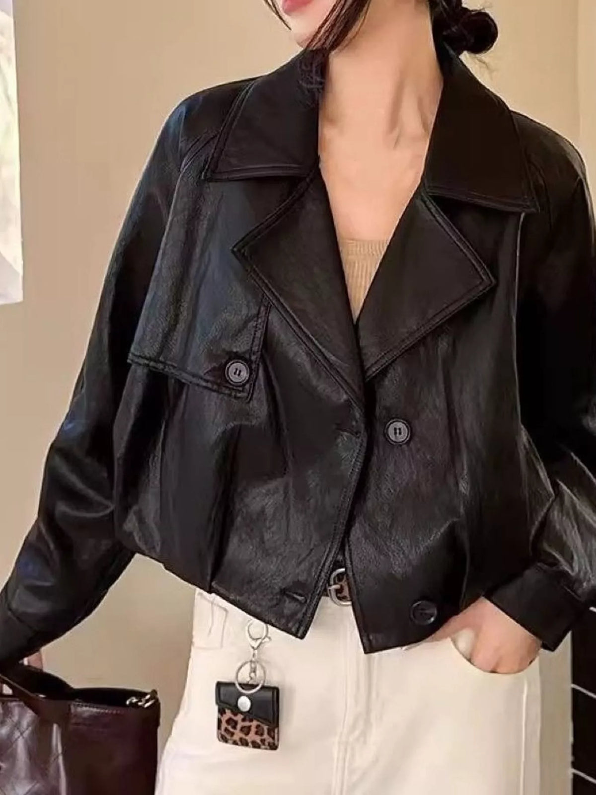 Collared long sleeve jacket, front view on model