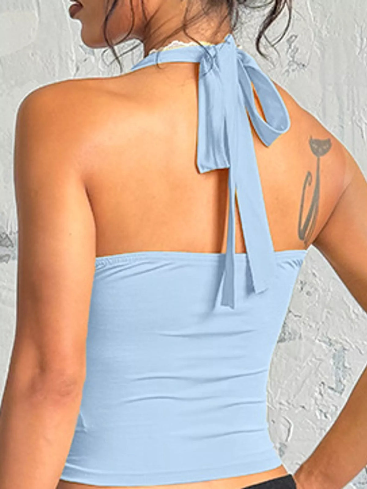 Blue lace detail halter neck cami, back view