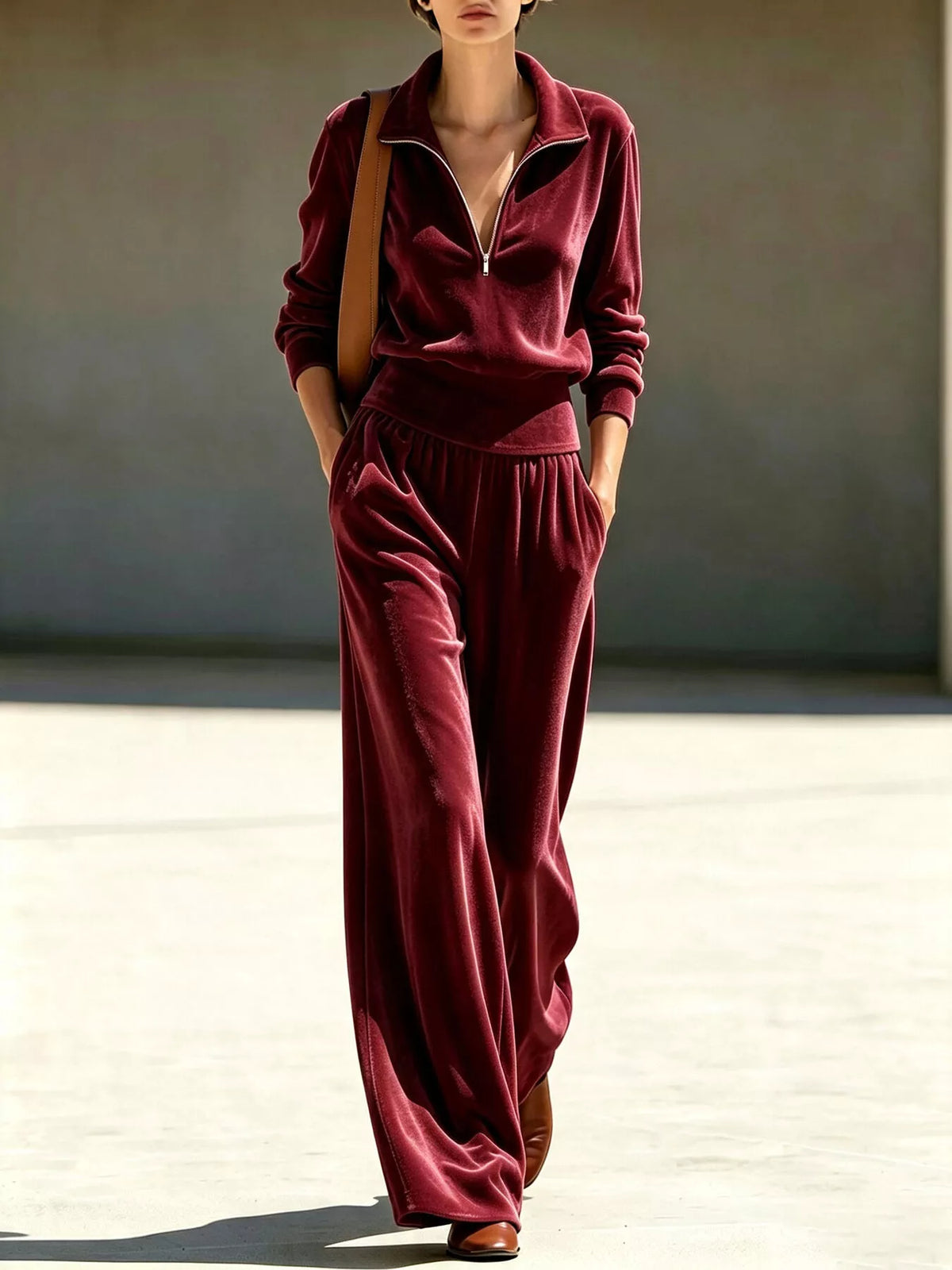 Burgundy quarter-zip top and wide-leg pants set