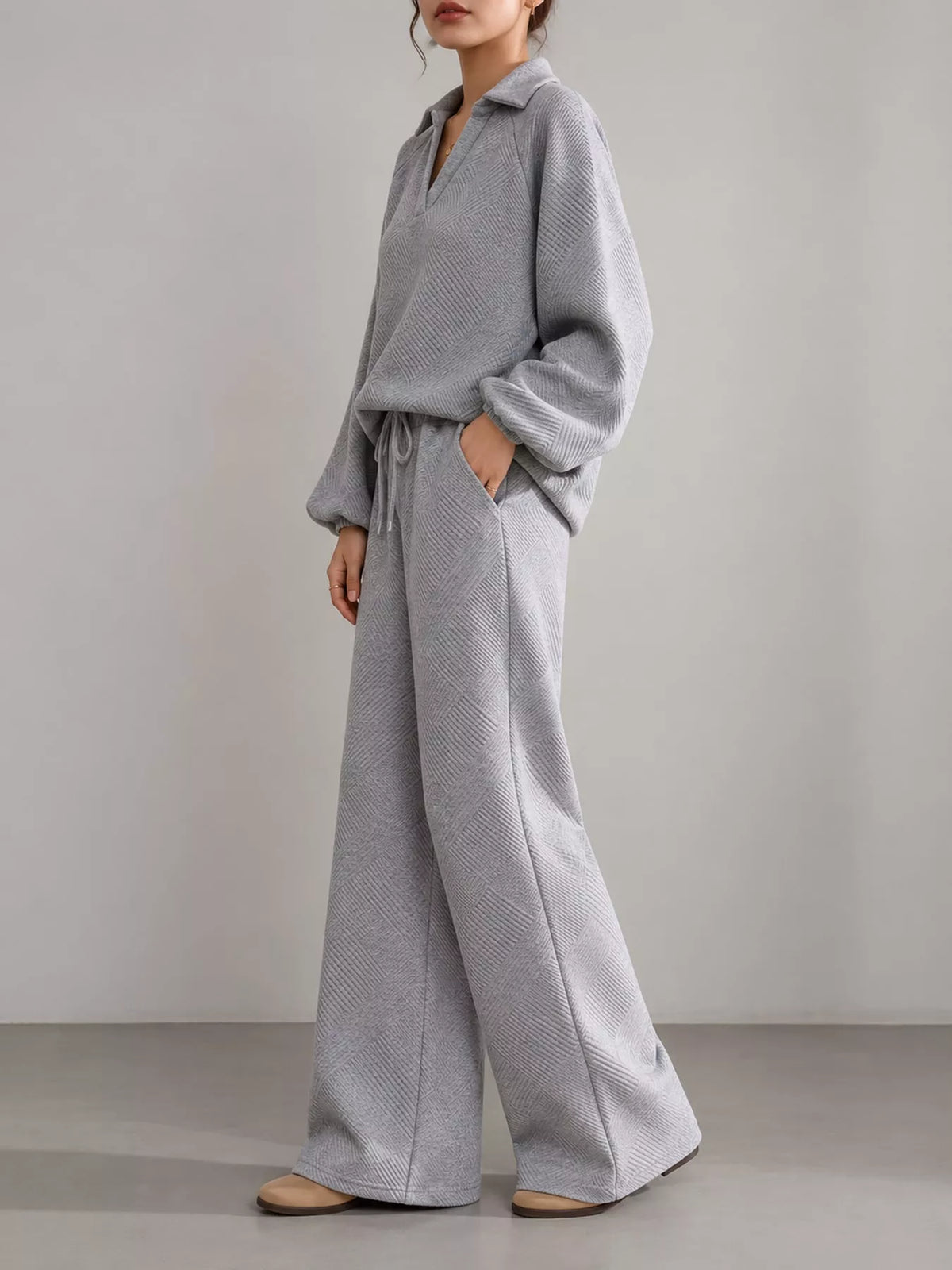 Gray textured polo collar top and wide-leg pants set — side view