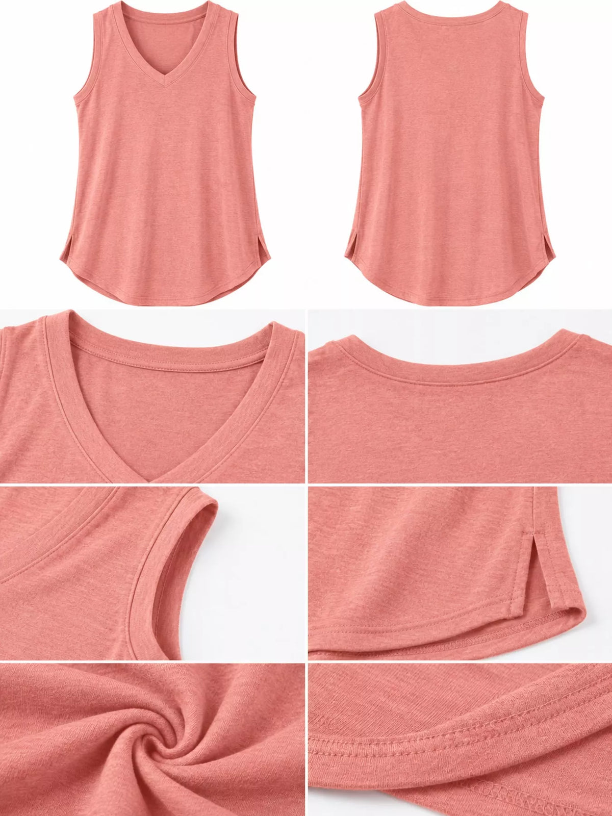 Coral v-neck loose fit tank top, front and back, neckline, armhole, side slit, and hem close-ups