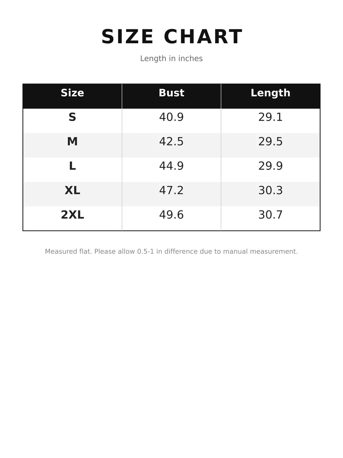 Size chart for faux fur hooded zip-up jacket