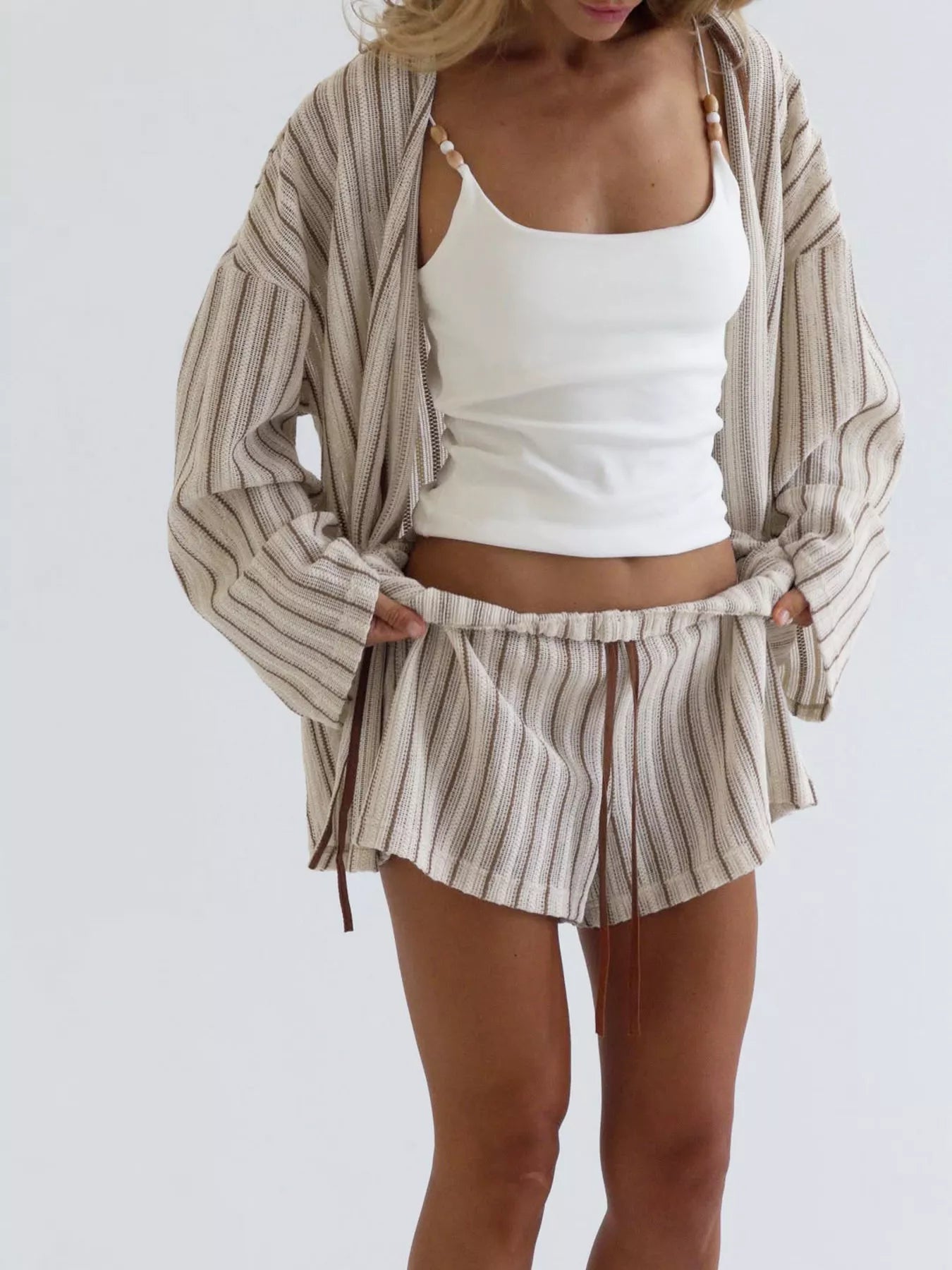 Trendsi Striped Tie Front Top and Shorts Lounge Set -
