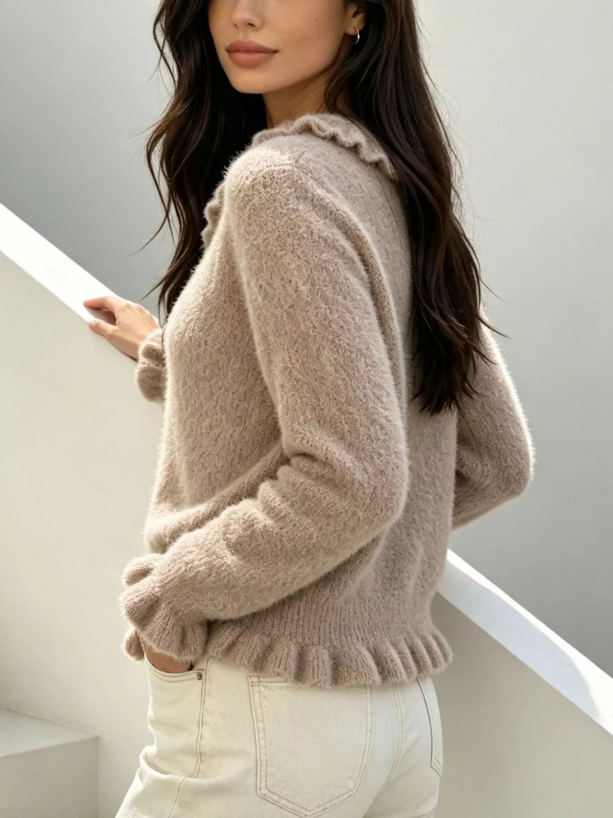 Taupe fuzzy ruffle-trim button-front cardigan, side view.