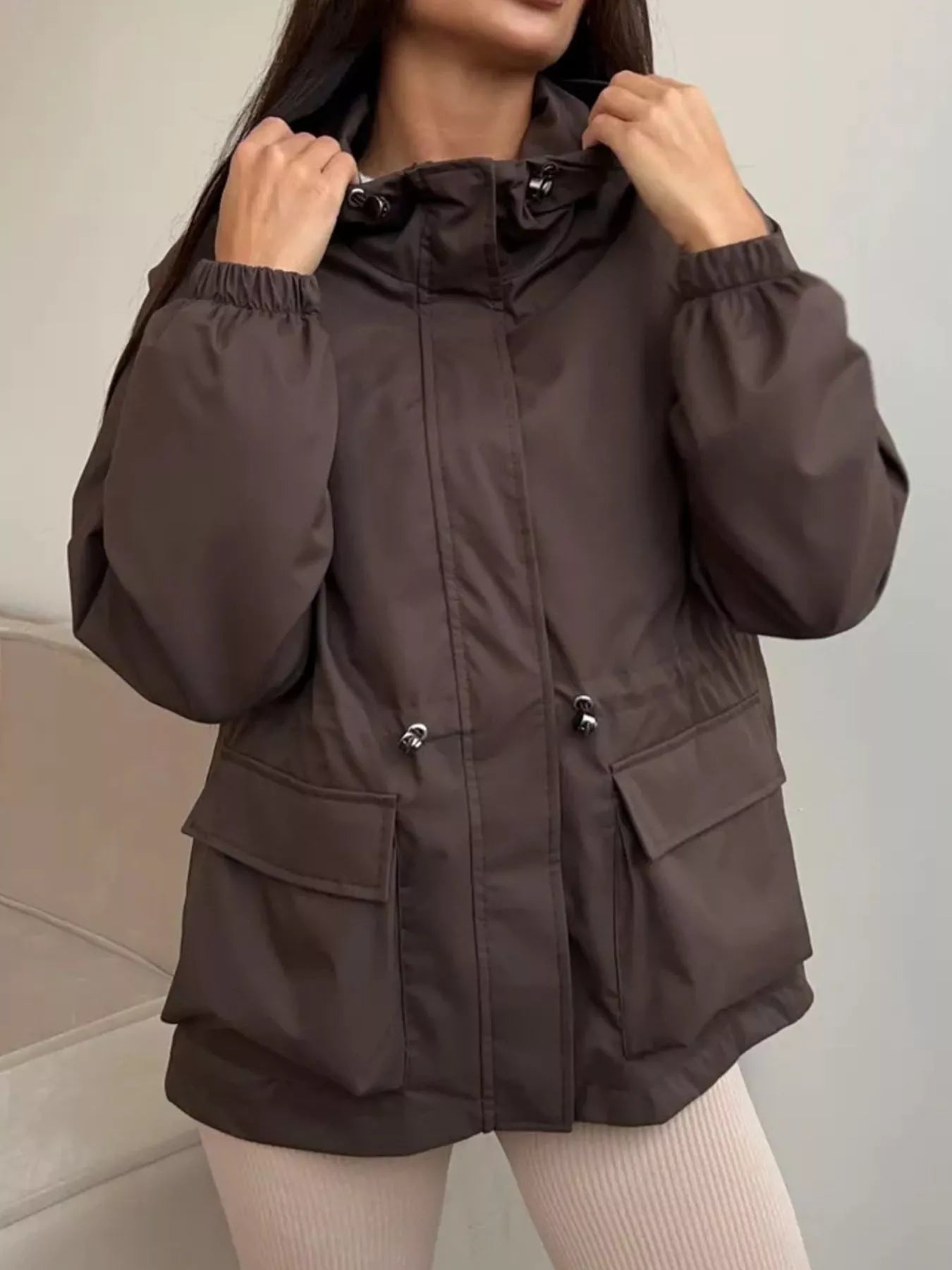 Trendsi Drawstring Waist Hooded Windbreaker Outerwear -
