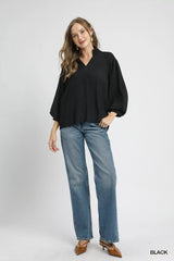 Trendsi Umgee Textured V-Neck Blouse with Balloon Sleeves -