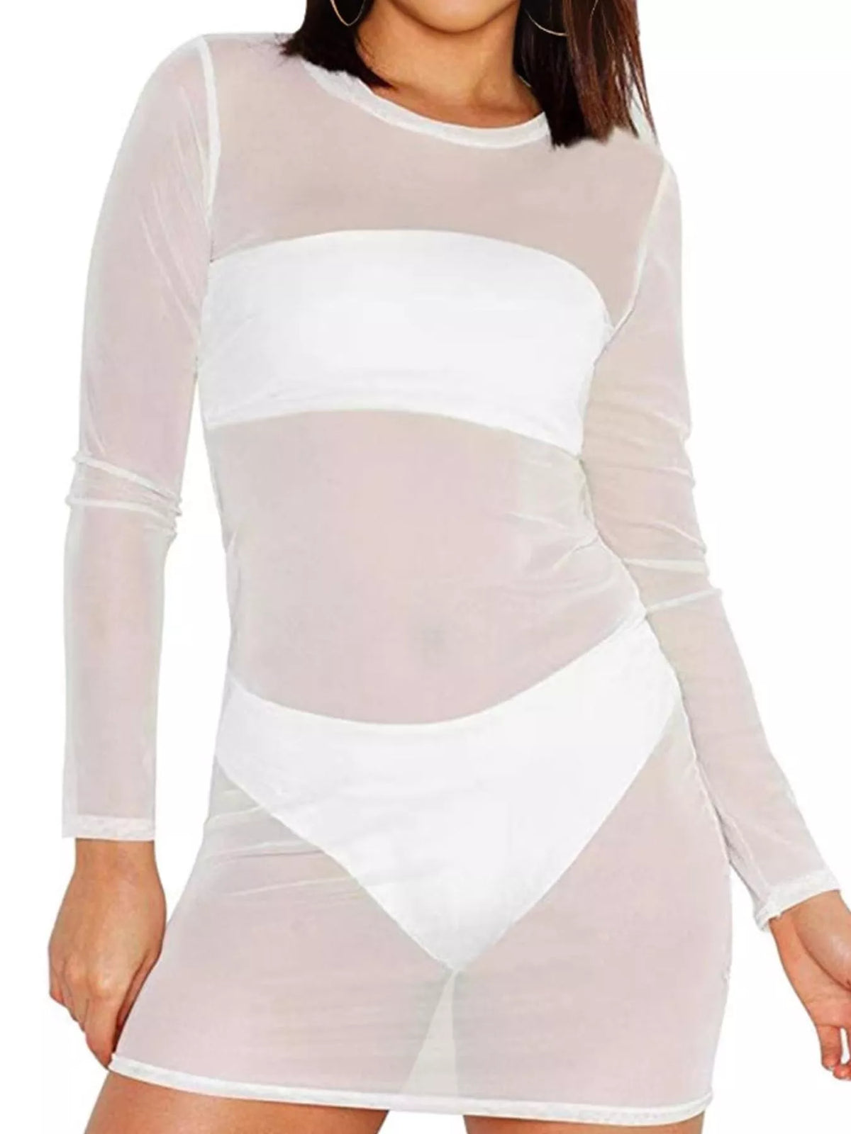 Round neck long sleeve mini top, front view on model