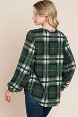 Trendsi BOMBOM Curved Hem Plaid Round Neck Long Sleeve Top -