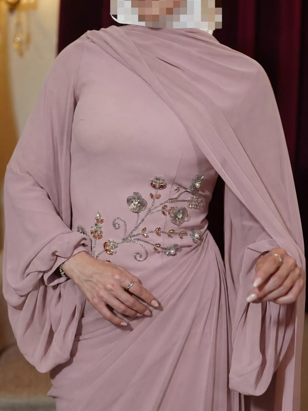Pink floral detail long sleeve maxi dress, front view