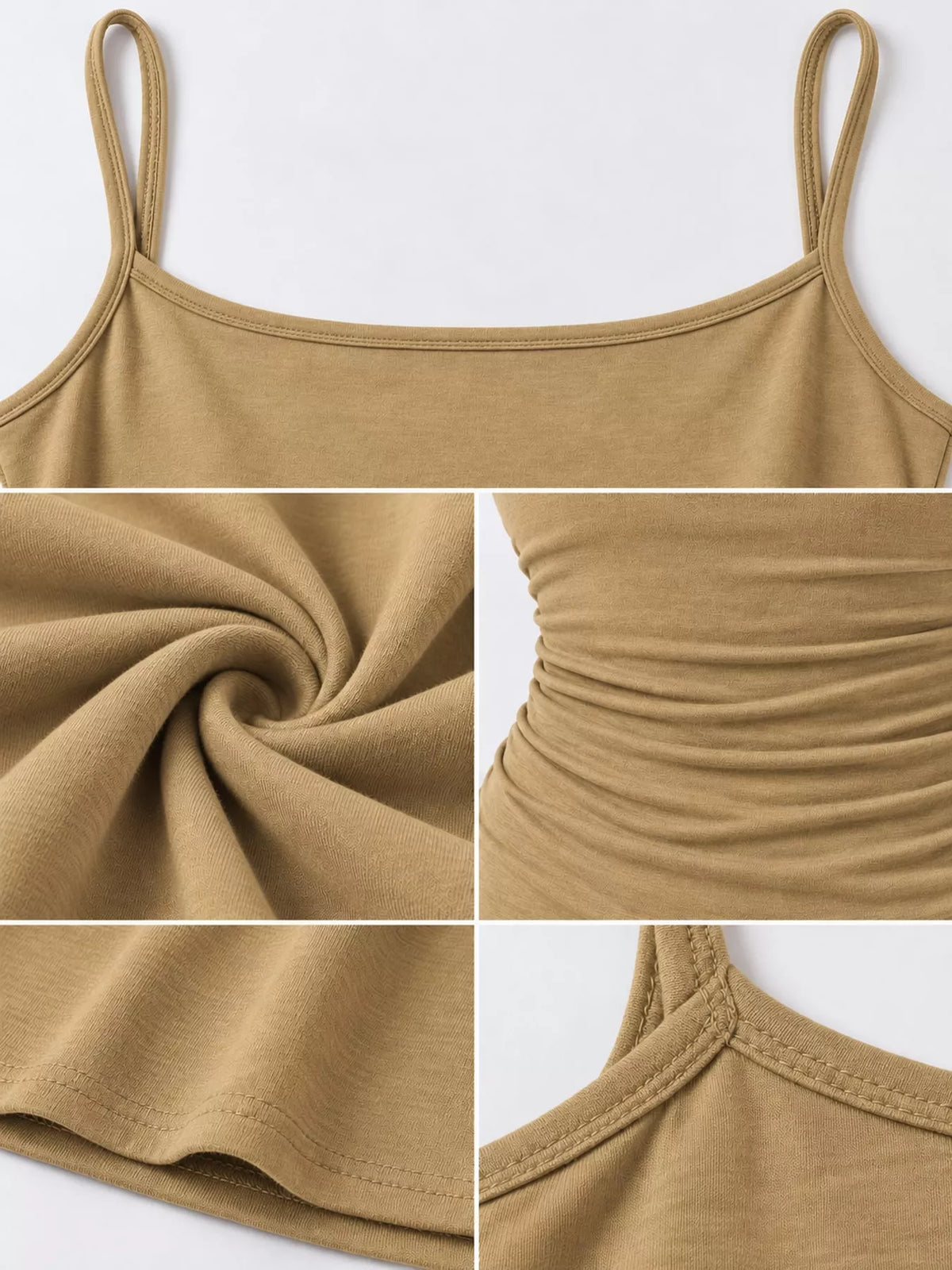 Khaki bodycon spaghetti strap maxi dress, detail view