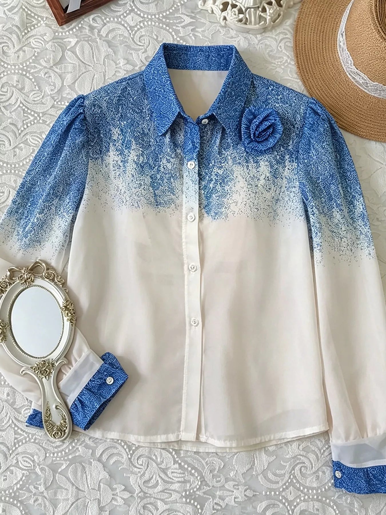 Trendsi Flower Gradient Button Up Shirt -