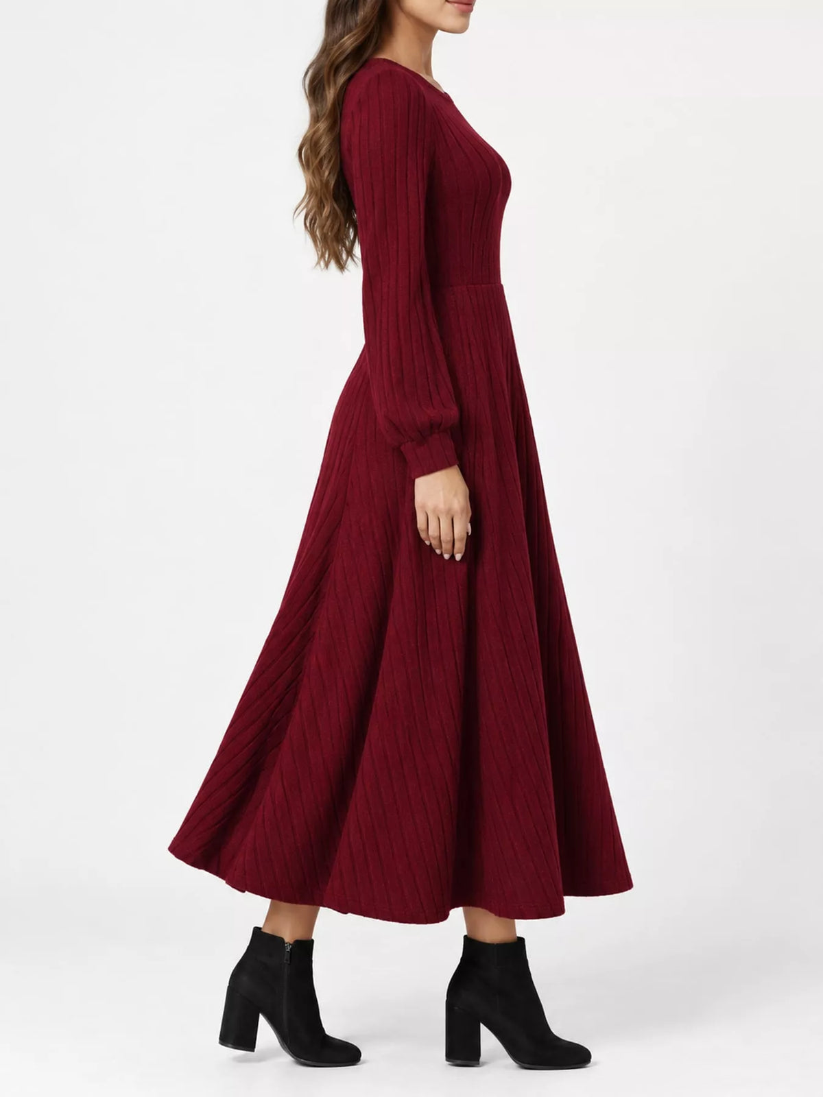 Women's Ribbed Knit Long Sleeve A-Line Midi Dress in burgundy — side view