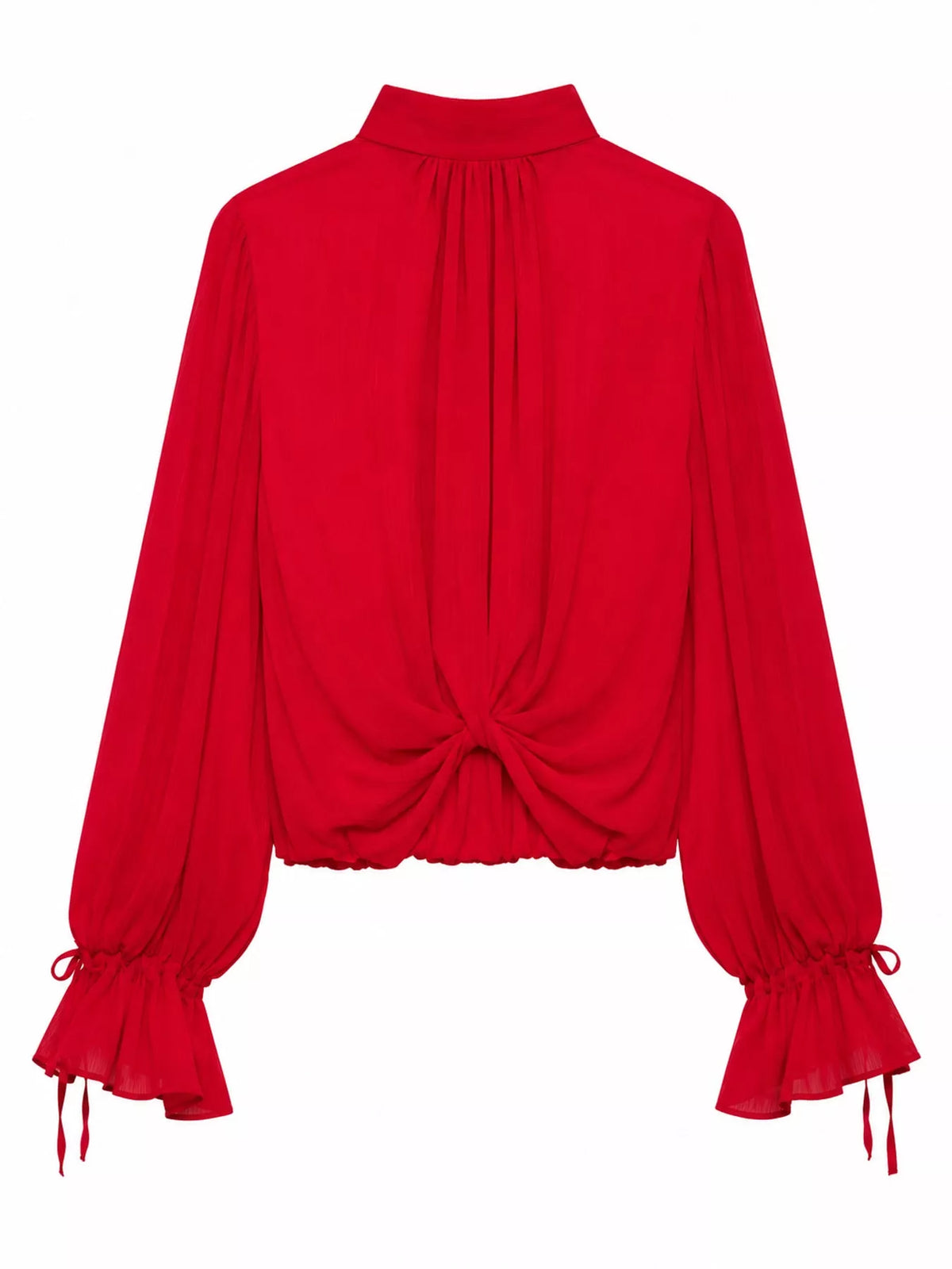 Red bow-tie neck flounce sleeve blouse, back view