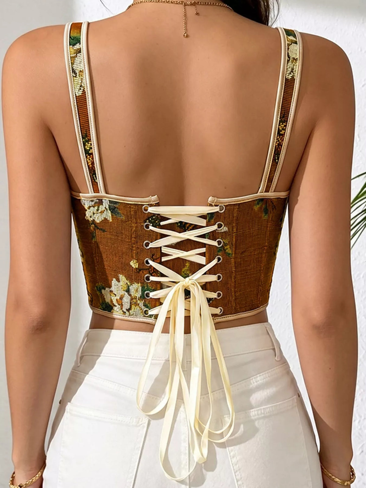 Brown floral lace-up back tank, back view