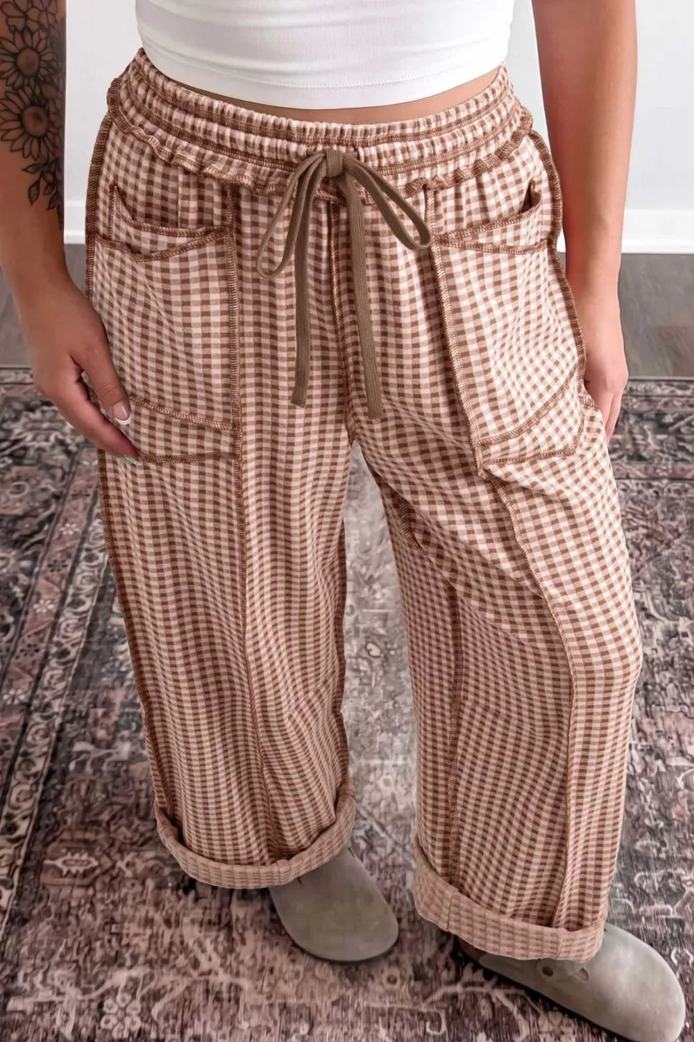 High-Waisted Gingham Drawstring Wide-Leg Pants — front view