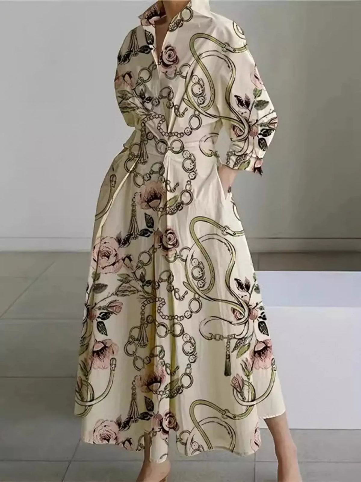 Collared Three-Quarter Sleeve Midi Shirt Dress — front view