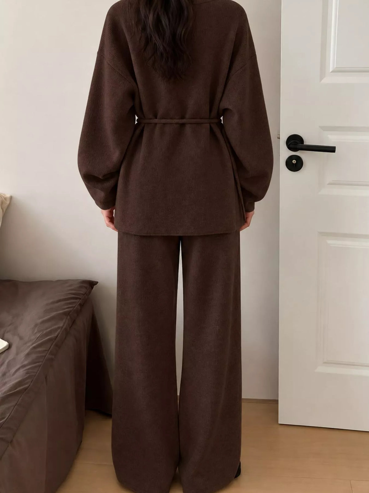 V-Neck Tied Wrap Cardigan and Wide-Leg Pants Sweater Set — back view