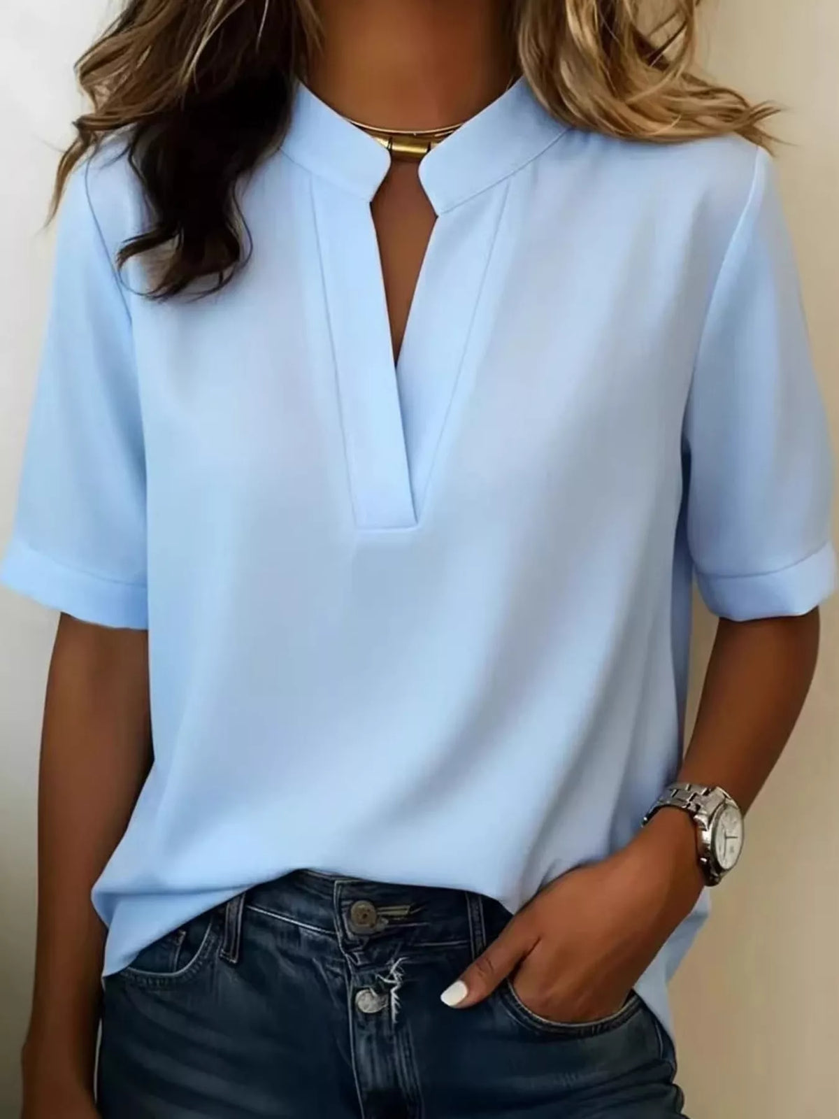 Notched-neck blouse, blue front