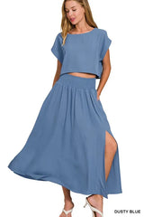 Trendsi Zenana Woven Crinkle Gauze Crop Tee and Skirt Set -