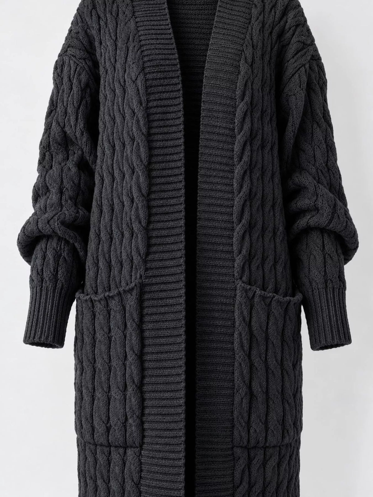 Dark Gray cable-knit longline open-front cardigan