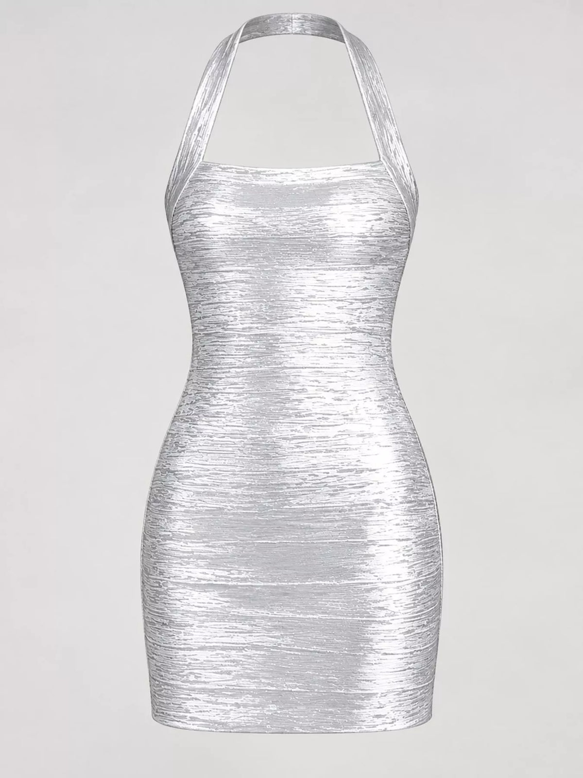 Silver halter neck bodycon dress, front view