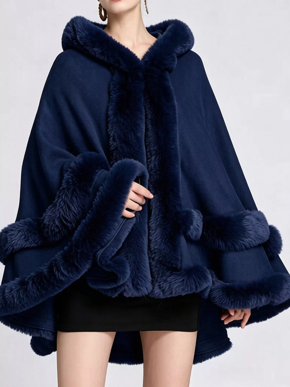 Faux-fur-trim cape, navy front