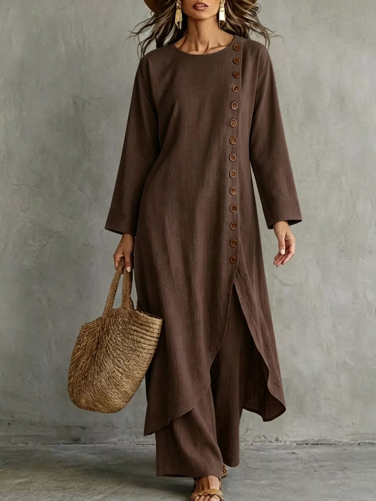 Brown longline top and pants set, front view