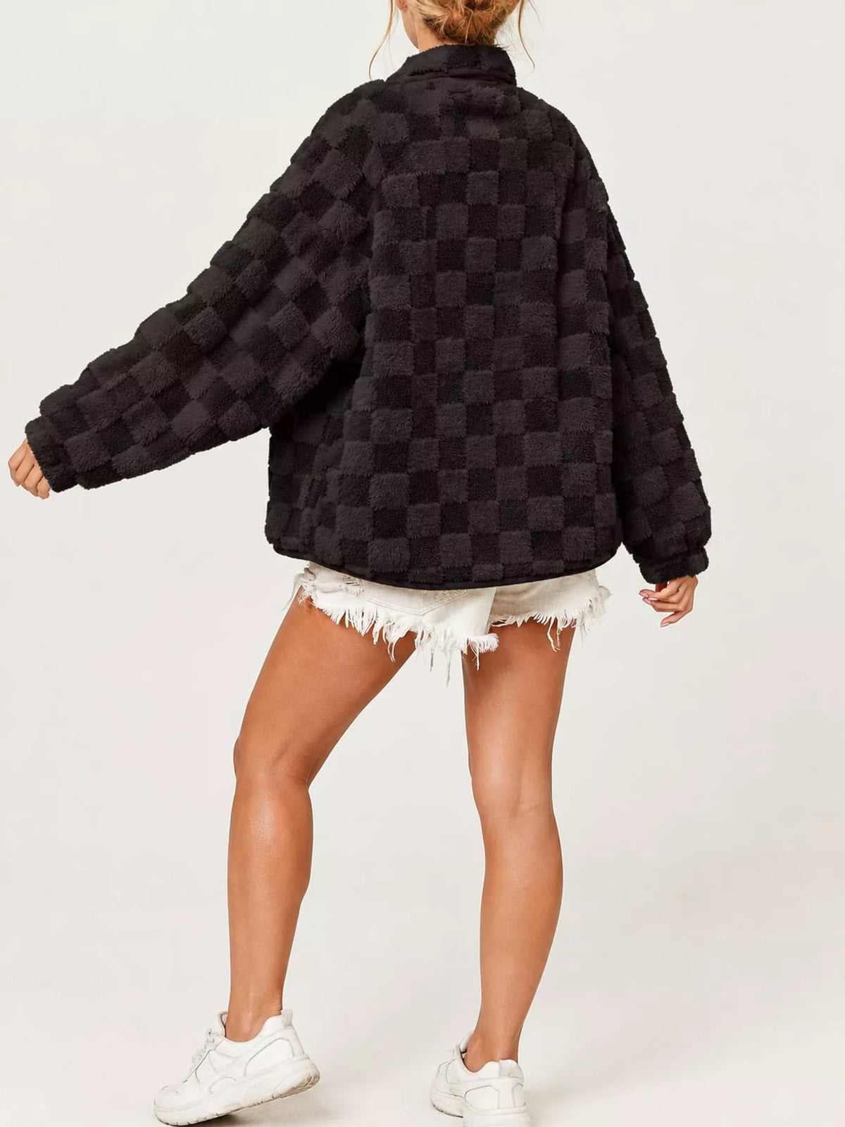 Black oversized checkerboard faux fur teddy jacket, back view