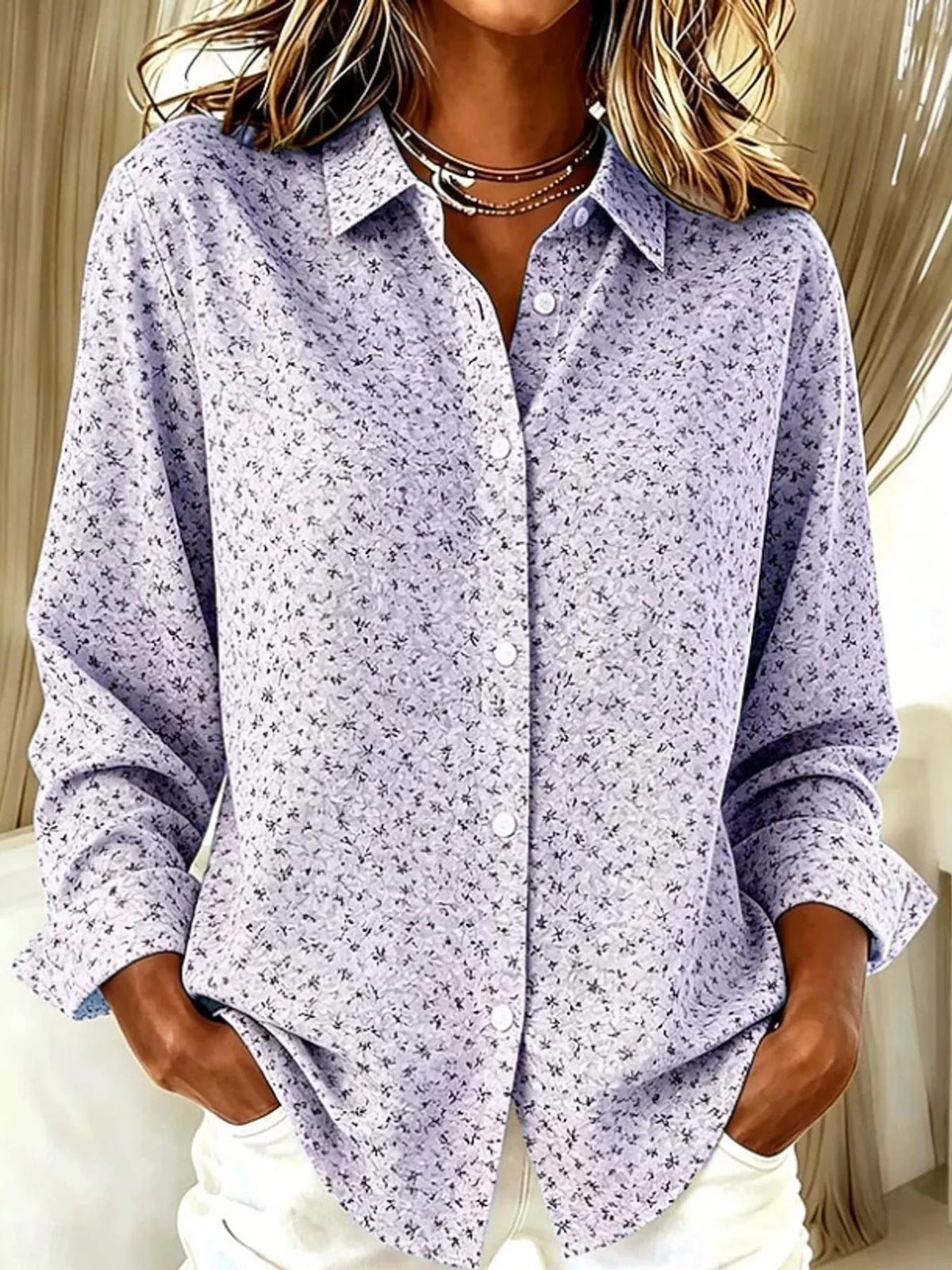 Purple microfloral long sleeve shirt