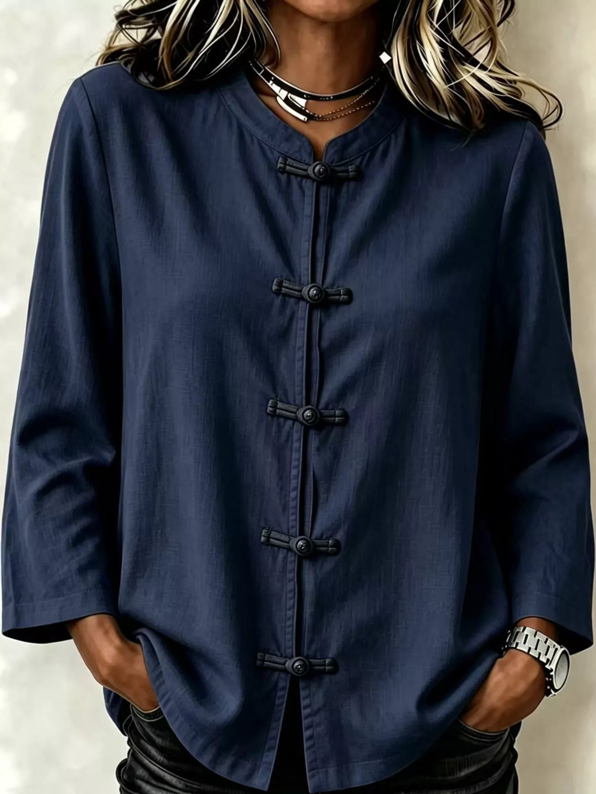Chinese Style Mandarin Collar Blouse in navy, front view