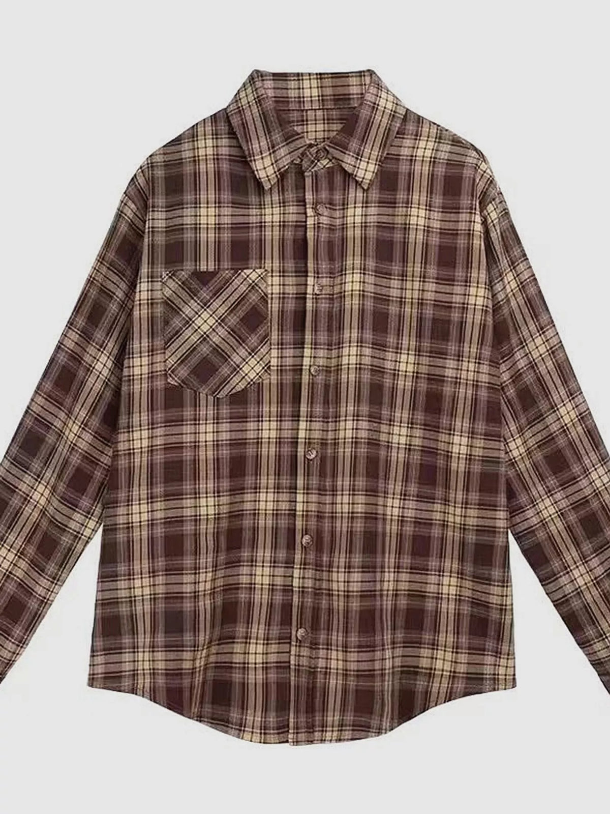 Brown and cream loose-fit plaid shirt, product view
