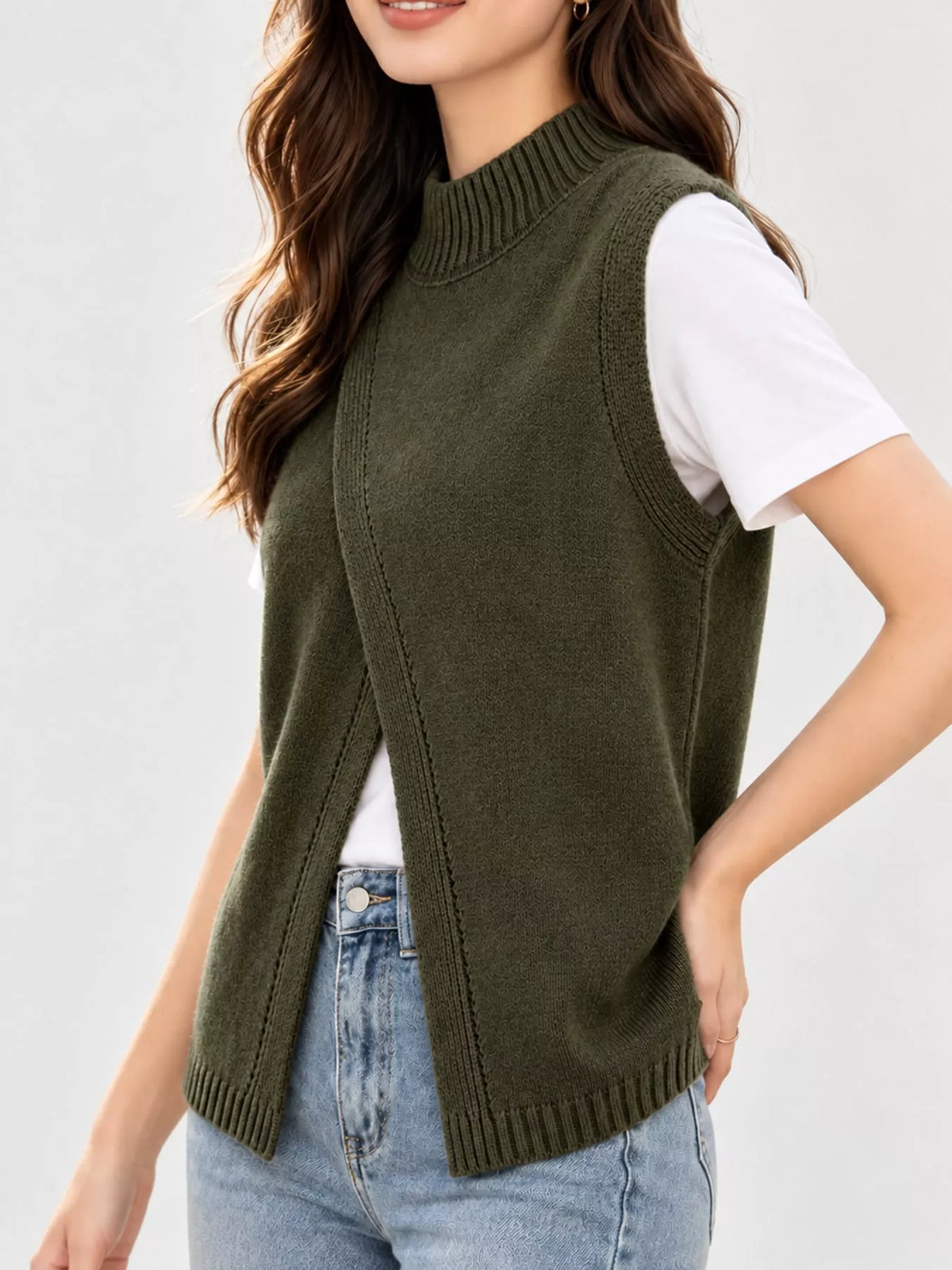 Mock Neck Asymmetrical Hem Knit Sweater Vest in olive green