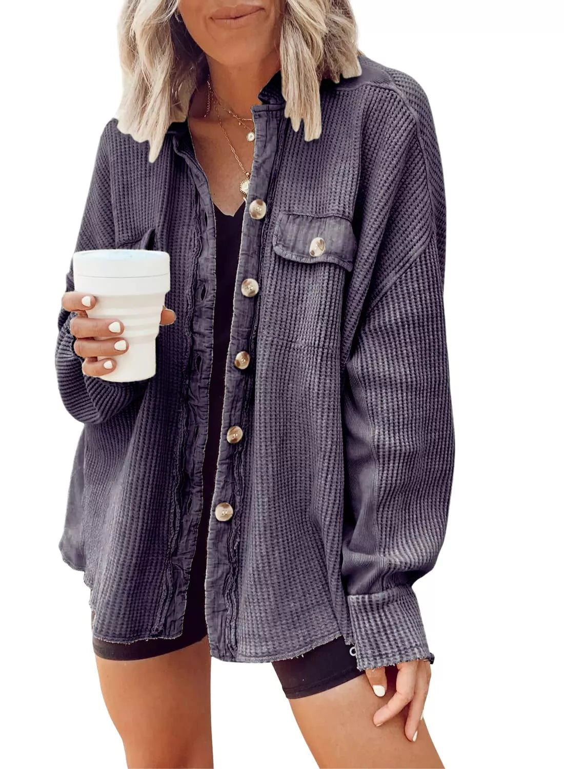 Trendsi Oversized Waffle Knit Button-Up Jacket -