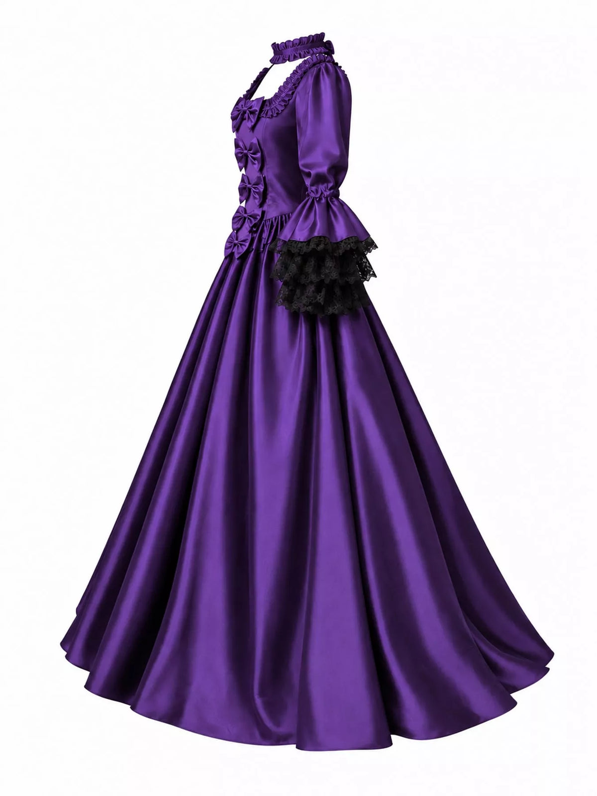 Victorian Gothic Satin Ball Gown Dress with Bow Accents in purple