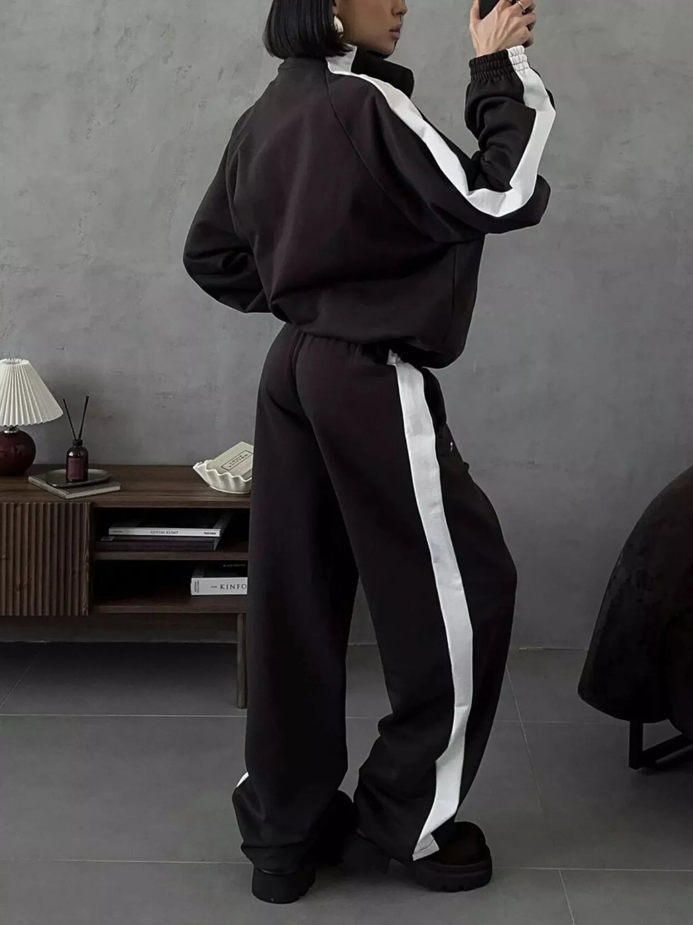 Trendsi Contrast Side Stripe Zip Up Top and Pants Set -