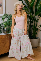 Trendsi BiBi Rose Printed Gauze Trim Detail Smocked Maxi Pants -