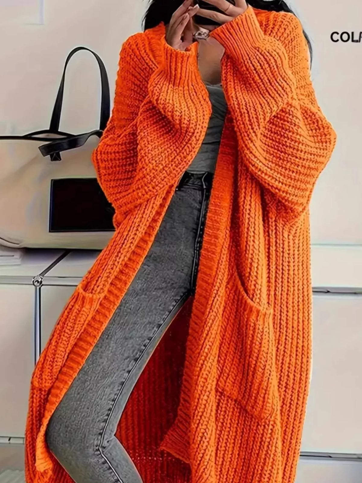 Longline knit cardigan, orange front