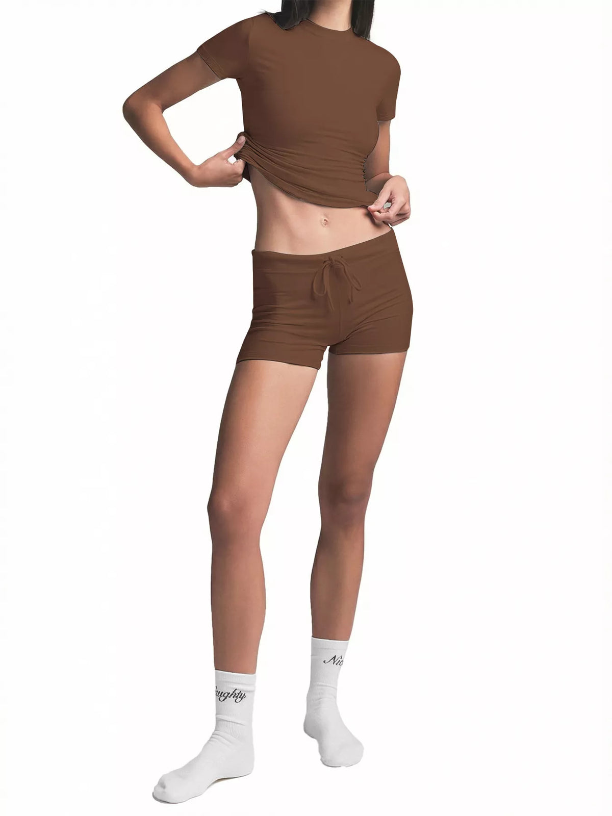 Brown crop top and drawstring shorts set, front view with raised hem