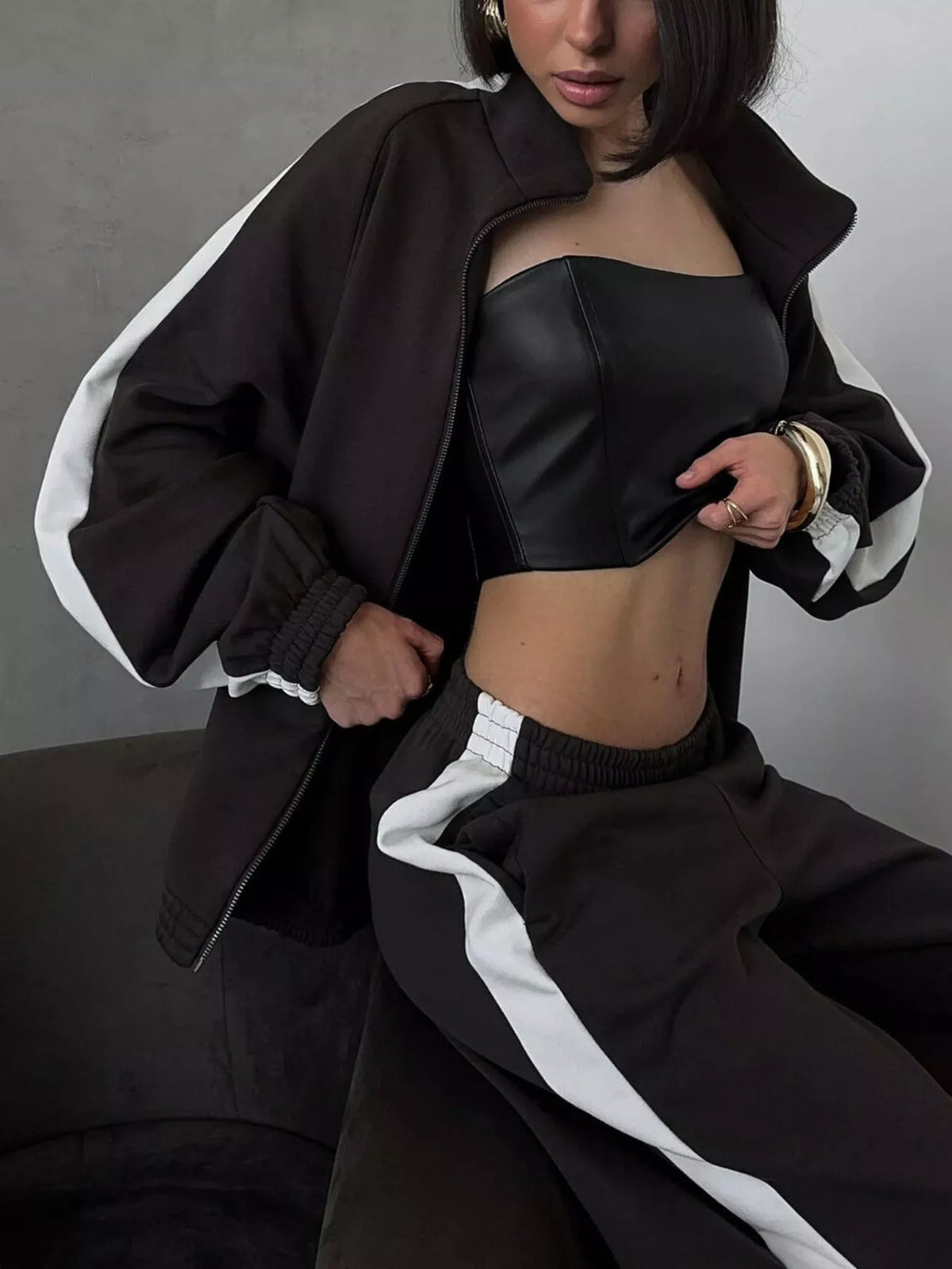 Trendsi Contrast Side Stripe Zip Up Top and Pants Set -