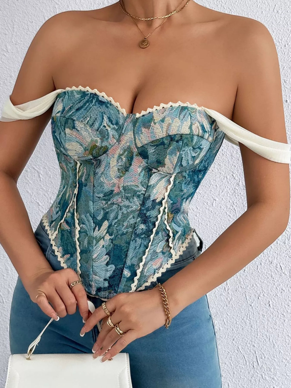 Peacock Blue lace up back printed cami