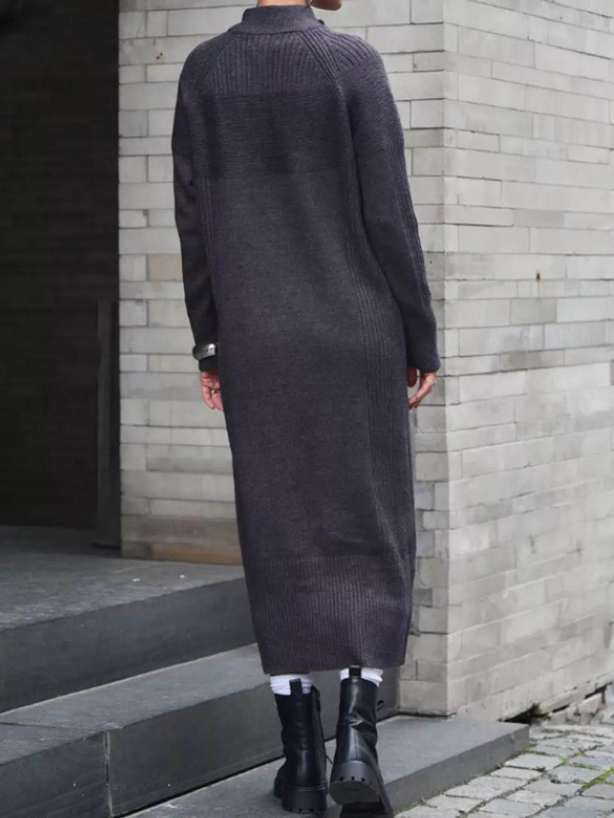 Charcoal half-zip ribbed knit sweater dress — back view