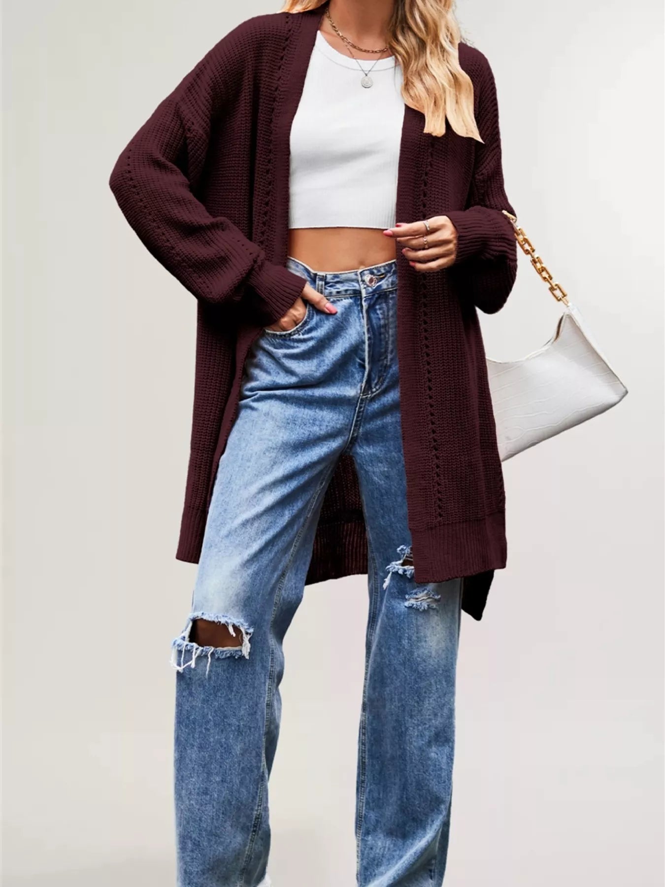 Trendsi Open Front Openwork Knit Longline Cardigan -