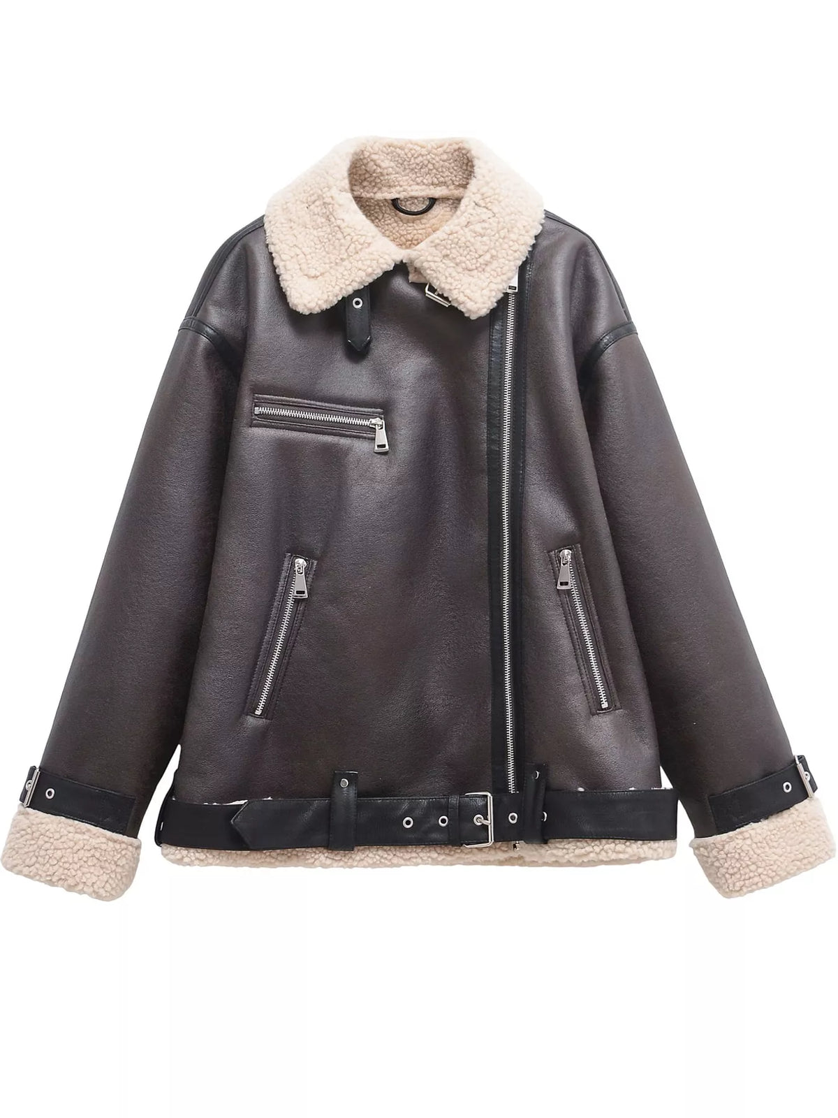 Black with cream trim faux leather zip up jacket, front view