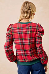 Trendsi BiBi Christmas Plaid Exaggerated Shoulder Sleeves Top -