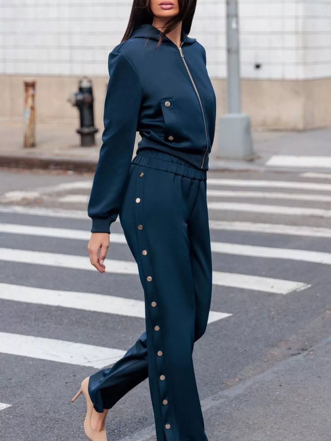 Trendsi Hooded Zip-Up Jacket and Side-Button Wide-Leg Pant Set -