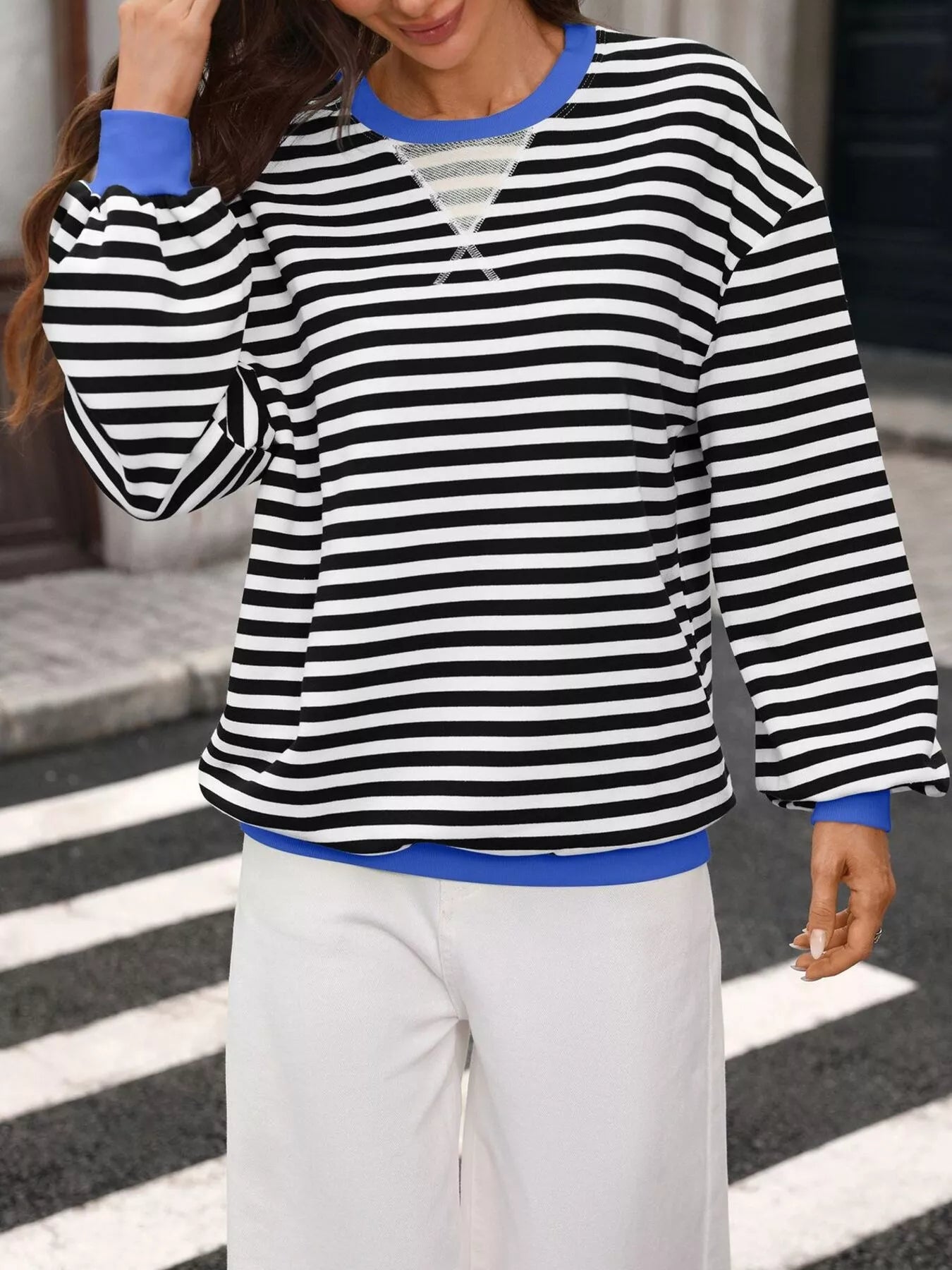 Trendsi Contrast Trim Striped Crew Neck Sweatshirt -