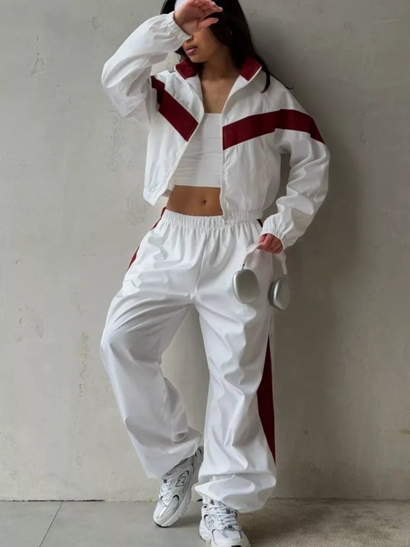 Trendsi Color Block Zip Up Outerwear and Pants Set -