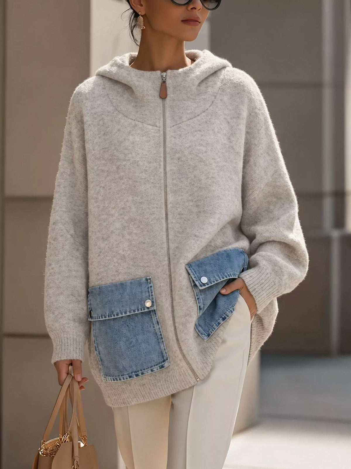 Light Gray Contrast Denim Pockets Hooded Cardigan front view
