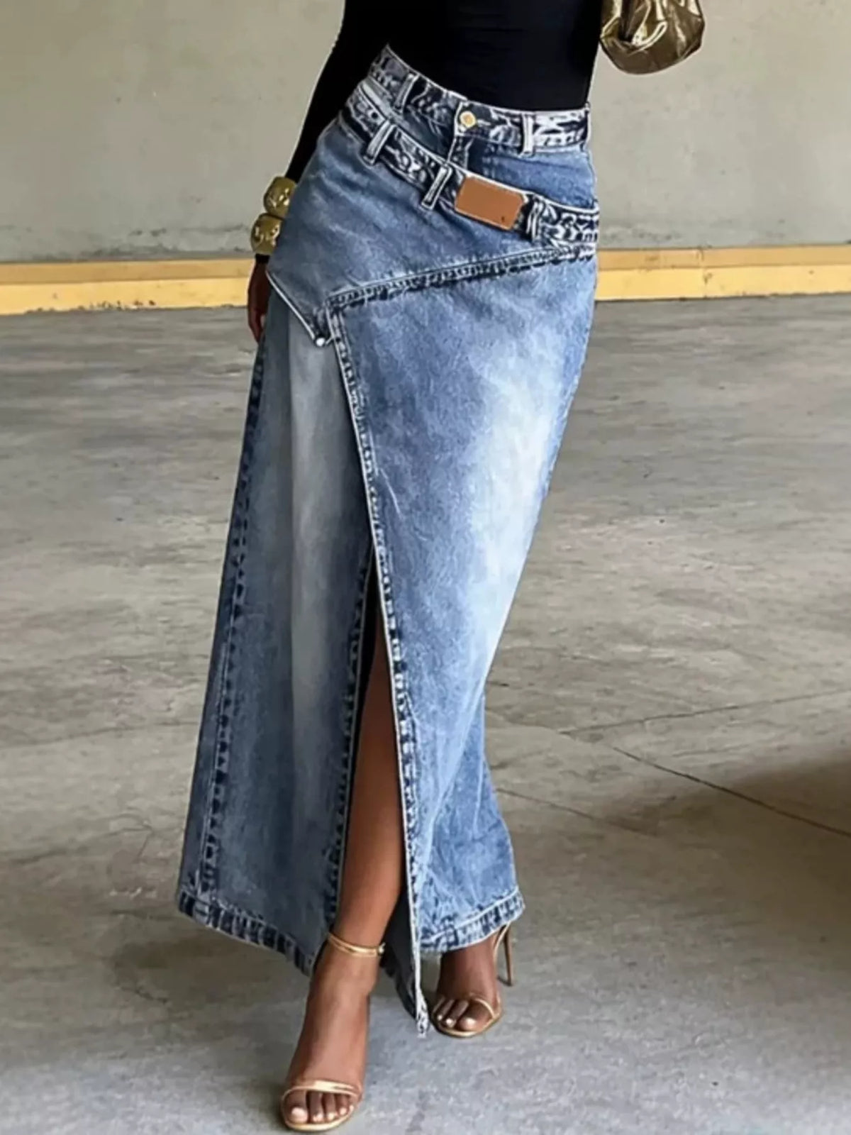 Trendsi High-Waisted Asymmetric Slit Denim Maxi Skirt -