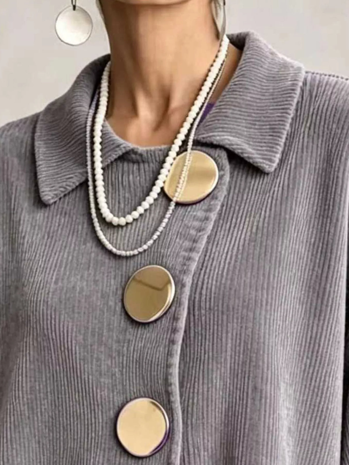 Women's Ribbed Knit Gold Buttons Cardigan in gray — collar detail view